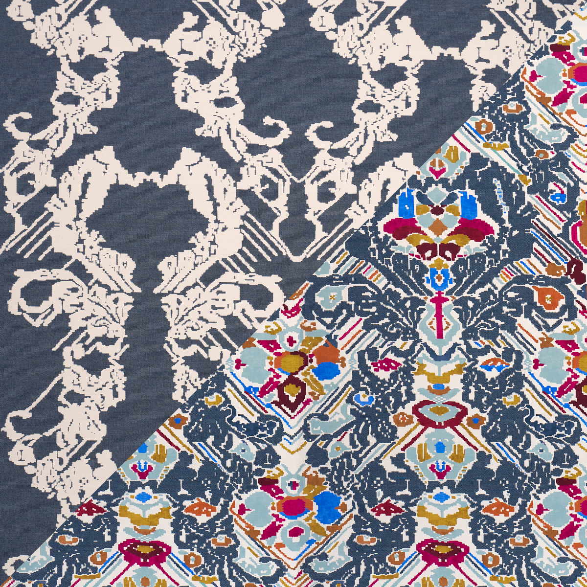 Reversible Digital Damask - Denim Fabrics | Schumacher